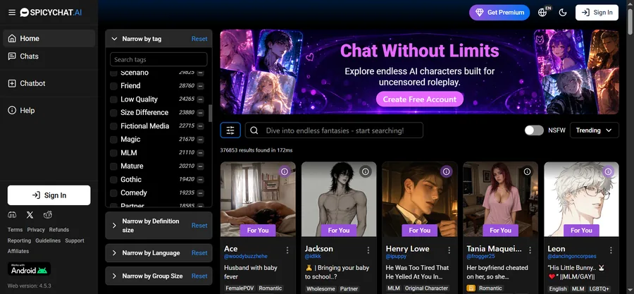 SpicyChat AI home page screenshot